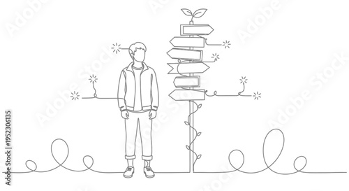 Minimalist line art of a person at a crossroads, contemplating future paths and choices, with a signpost marking new directions and symbolizing personal growth