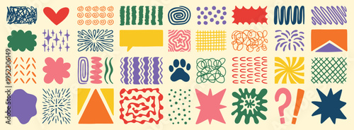 Retro shapes elements set. Abstract paw, star, flower, shapes and stickers. Groovy funky bubble, star, print, lines, waves. Trendy retro 60s, 70s or 90s cartoon colorful style. 