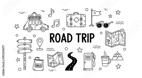 Comprehensive collection of hand-drawn line art icons illustrating the essential elements and joyful experiences of a memorable road trip adventure, perfect for travel planning and exploration themes