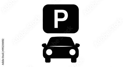 Clean vector illustration of a car parking symbol, featuring a sleek automobile silhouette positioned below a bold letter 'P' icon, signifying designated vehicle parking areas and directional guidance