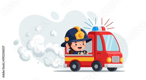 Cartoon fireman driving fire truck vehicle.