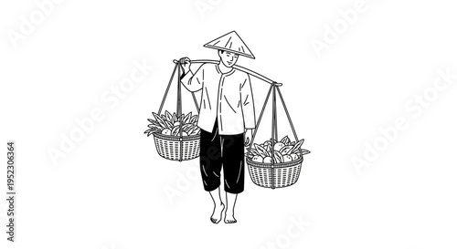 Asian man carrying baskets on shoulder.