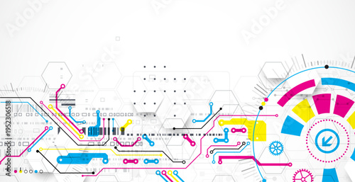 Abstract technological background with various elements. CMYK concept. Vector