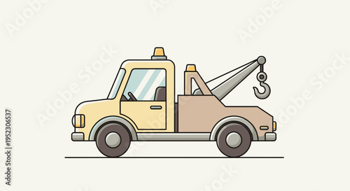 A flat illustration of a tow truck in light colors with a raised hook, on a flat surface