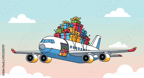 Cartoon airplane overloaded with colorful gifts flies in a pastel sky