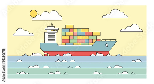 Vector illustration of a cargo ship sailing on the sea under a yellow sky with clouds