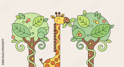 A smiling cartoon giraffe nibbles leaves between two fruit-laden trees. Flat style