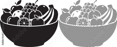 Two contrasting bowls filled with fruits and a savory dish respectively