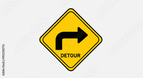 A diamond-shaped yellow detour road sign with a black curved arrow, right, and "DETOUR