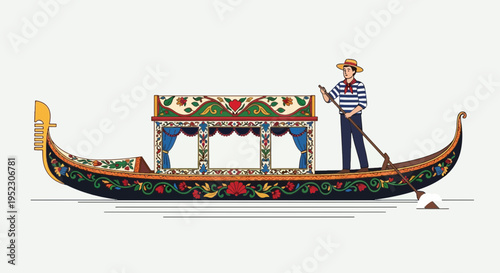A gondola with detailed floral patterns, and a gondolier rowing, against a light backdrop