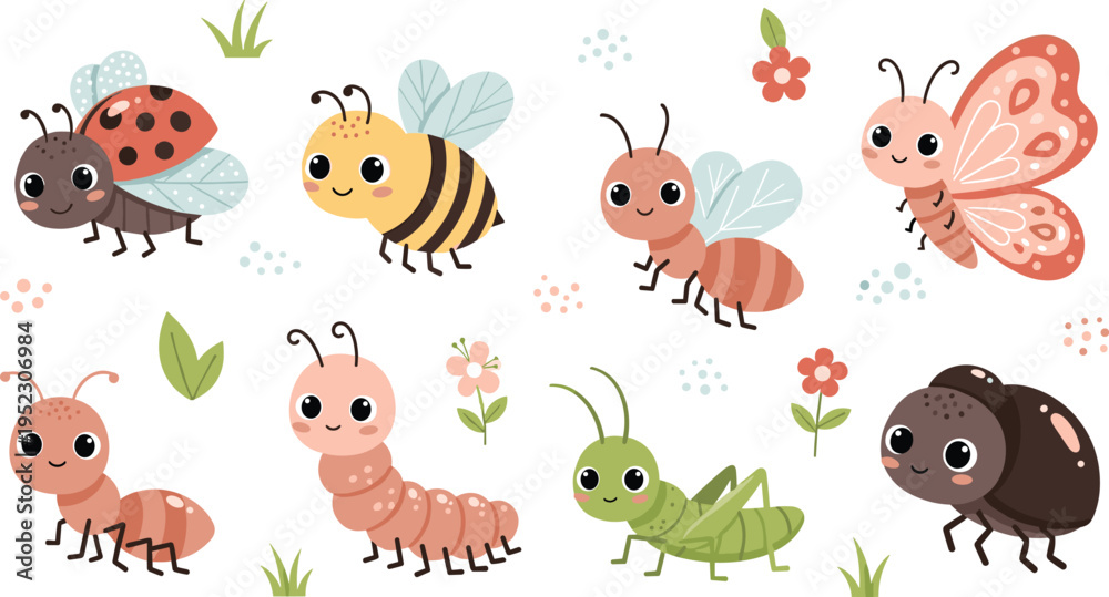 Naklejka premium Cute Insects Including Ladybug, Bee, Butterfly, Ant, Caterpillar, and Grasshopper with Flowers in a Nature SceneCute Insects Including Ladybug, Bee, Butterfly, Ant, Caterpillar, and Grasshopper with F