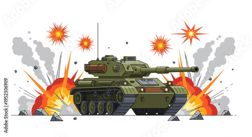 Cartoon depiction of a military tank amidst explosions