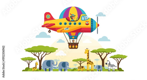 A whimsical scene shows an airplane-hot air balloon hybrid over savanna animals