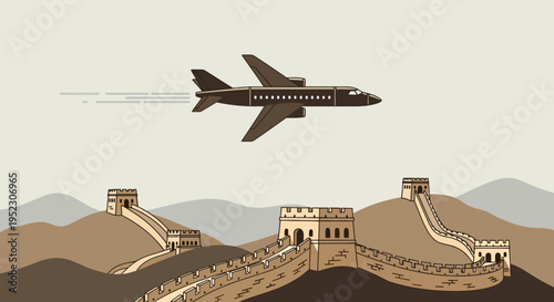 An airplane flies over a stylized, winding wall on a brown hillside, in a flat illustration