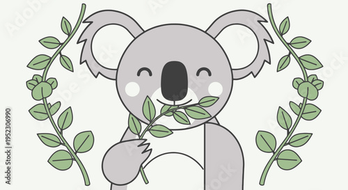 A cartoon koala smiles and eats leaves, framed by leafy branches