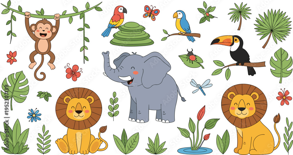 Naklejka premium Cute Jungle Animals Cartoon Set with Monkey, Elephant, Lions, Toucan, Tropical Birds, Leaves, Flowers and Rainforest Nature ElementsCute Jungle Animals Cartoon Set with Monkey, Elephant, Lions, Toucan