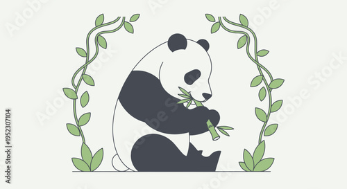 A seated panda with bamboo, framed by vines and leaves, minimalist style
