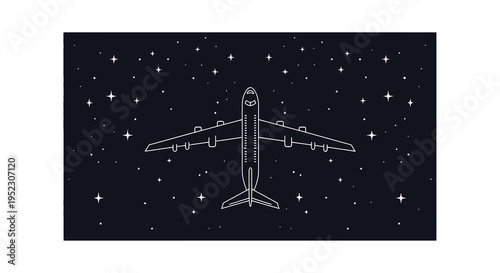 A stylized airplane graphic flies in the night sky surrounded by stars