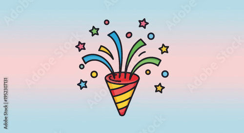A party popper erupts with colorful streamers and stars against a gradient background