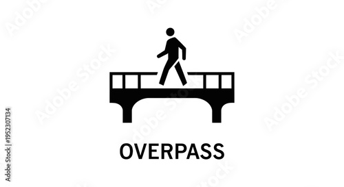 Black and white icon of a person walking on a bridge overpass, with the word "OVERPASS