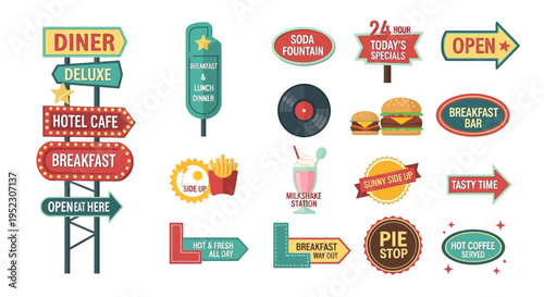 Vintage diner signs and food illustrations in a retro style collection