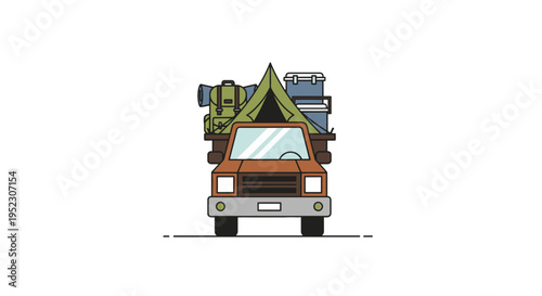 An orange truck is packed with camping gear, tent, backpack, and cooler on the bed, ready for an adventure