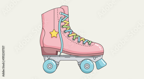 A pink roller skate with blue wheels, colorful laces, and a star charm