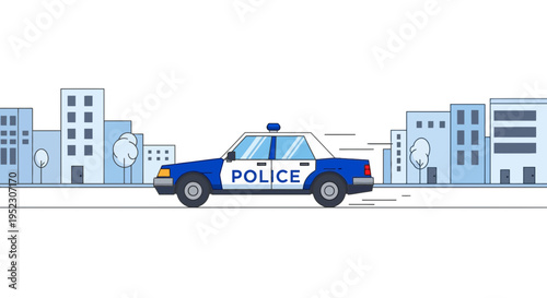 Cartoon police car speeds past a city skyline in minimalist style, on a white background