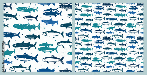 Seamless Fish Pattern, Navy and Teal Ocean Seafood Repeat Background