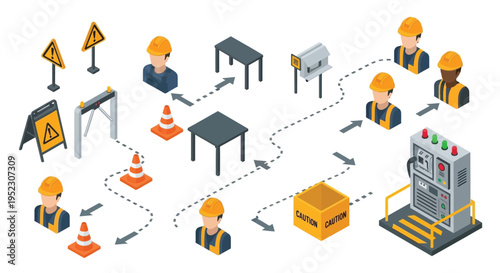 Isometric illustration depicting a construction site workflow and safety measures