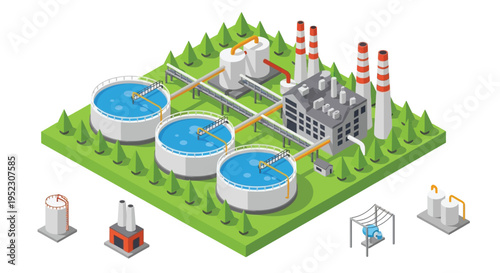 Industrial complex with storage tanks smokestacks and processing facilities