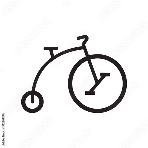 Vintage penny farthing bicycle icon. Antique cycling and historical transport concept. Monochrome black and white symbol