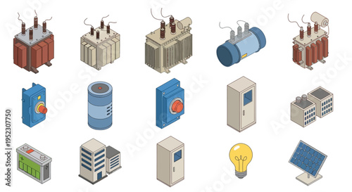 Isometric electrical components and power infrastructure illustration set