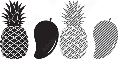 Four stylized illustrations of tropical fruits with different textures and patterns