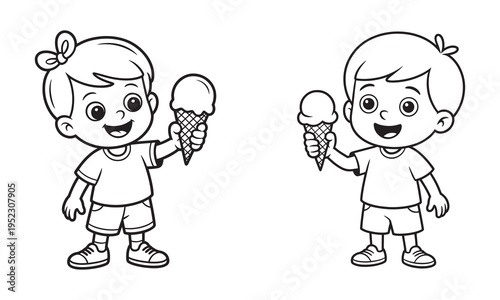 Cute Kids Eating Ice Cream Cartoon Vector Illustration, Happy Children Summer Dessert Coloring Page Design