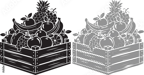 Vintage illustration of fruit basket and geometric layering technique