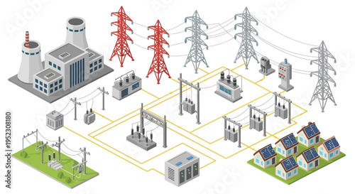 Isometric illustration depicting a power plant and electrical grid infrastructure