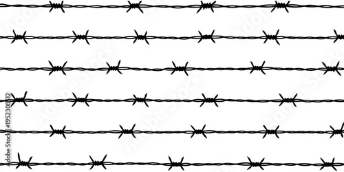 Isolated vector illustration of a sharp black barbed wire fence silhouette against a white background, symbolizing prison security, a steel border barrier, or a metal jail protection for war and freed