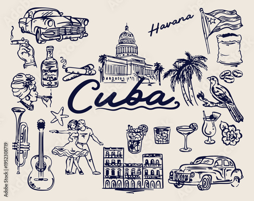 Cuba travel illustration collection, Havana city landmark sketch design, Cuba tourism doodle set, Caribbean travel illustration pack, vintage Cuba artwork collection, travel icons Cuba design, Cuba il