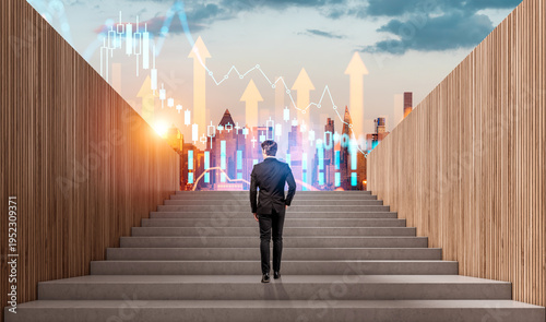 Obraz na plátne Business person on stairs looking toward city skyline with glowing charts on sun