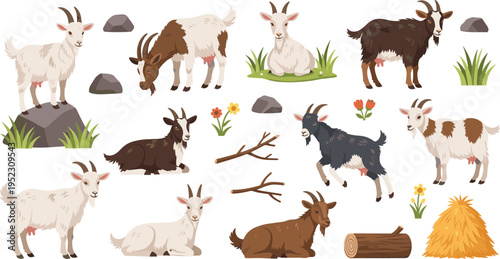 Farm goat vector illustration set featuring domestic goats in various poses with haystack logs rocks and flowers for agricultural and rural themed designs.