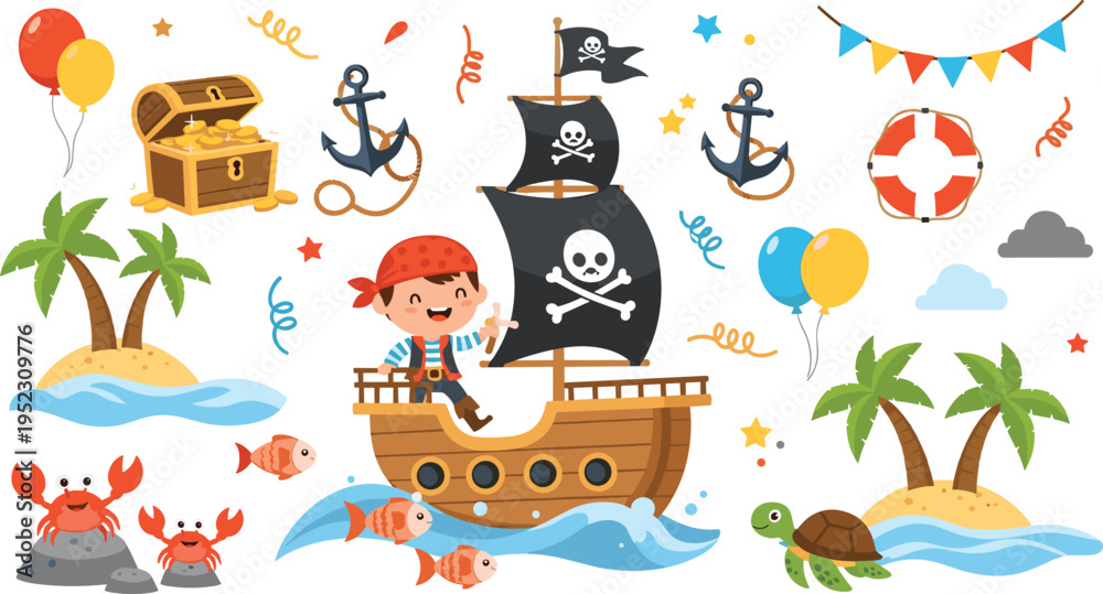 Obraz premium Cute pirate boy adventure collection with sailing ship treasure chest tropical islands crabs turtle and nautical party birthday elements.Cute pirate boy adventure collection with sailing ship treasure
