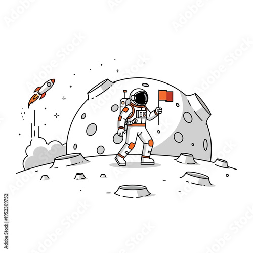 Astronaut planting flag on moon surface, rocket launching in background