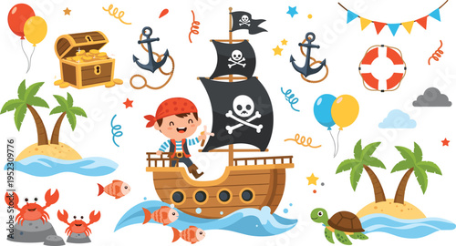 Cute pirate boy adventure collection with sailing ship treasure chest tropical islands crabs turtle and nautical party birthday elements.Cute pirate boy adventure collection with sailing ship treasure