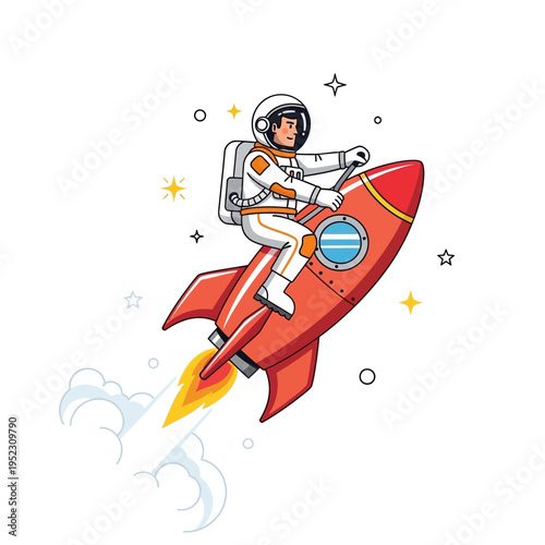 Astronaut riding a red rocket through space with stars and clouds
