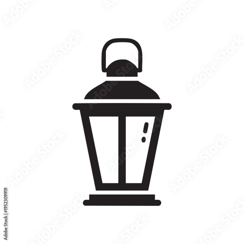 A simple black silhouette of an antique oil lantern with a handle and glass enclosure
