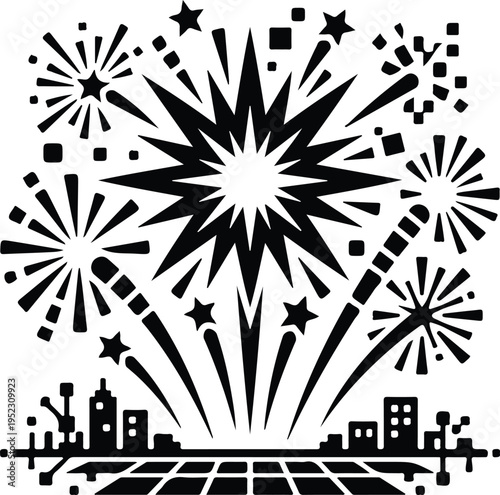 Fireworks exploding over city skyline black white,
Black and white illustration of fireworks bursting above an urban skyline, symbolizing celebration, festivals, and nighttime city events.