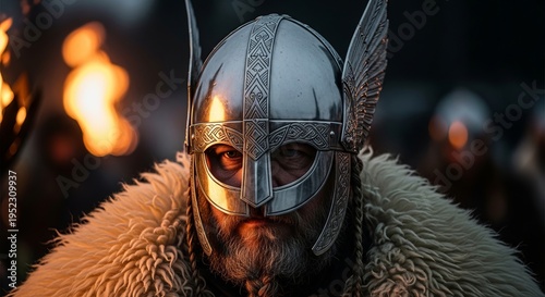 Up Helly Aa, portrait of a Viking Guizer Jarl wearing a polished silver winged helmet and a thick sheepskin mantle