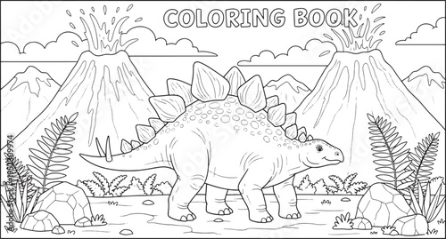 Stegosaurus dinosaur coloring book page featuring erupting volcanoes and prehistoric mountains with ferns for children school projects