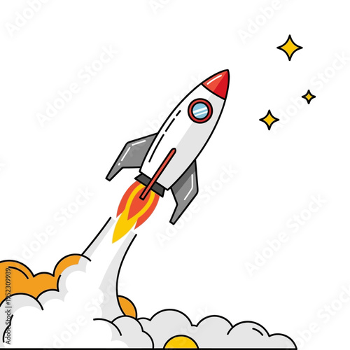 Cartoon Rocket Launching into Space with Stars and Clouds